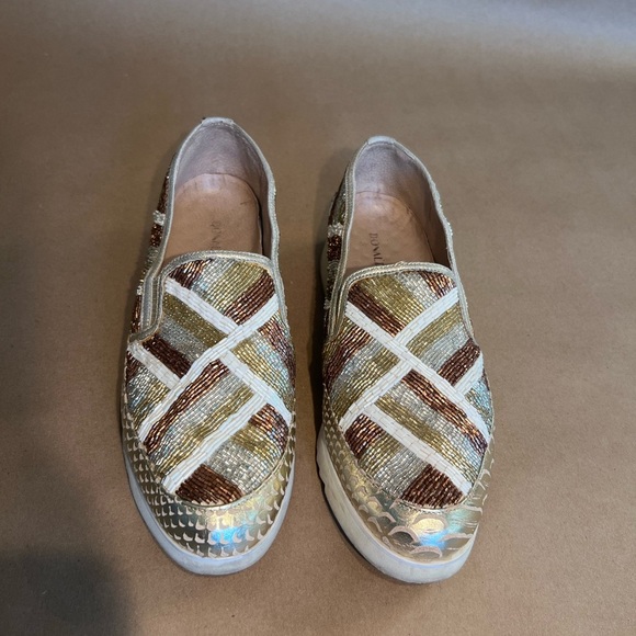 Donald J Pliner Gold Brown White Beaded Leather Platform Slip On Sneakers US 9 - Picture 1 of 11